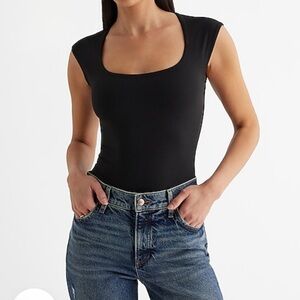 Express body contour high compress scoop neck cap sleeve black bodysuit - XL